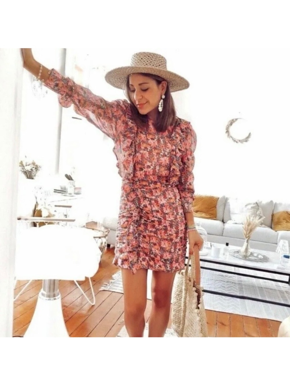 Zara Floral Ruffled Long-Sleeve Mini Dress in Pink